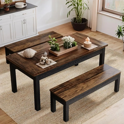 Farmhouse Kitchen Table Set for 4-6, 55-Inch Wooden Dining Table with 2 Benches