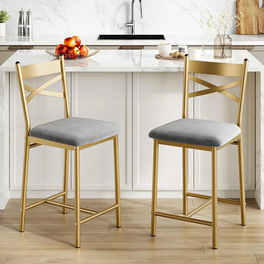 Gold Bar Stools with X-Shaped Backrest and Metal Footrest Set of 2