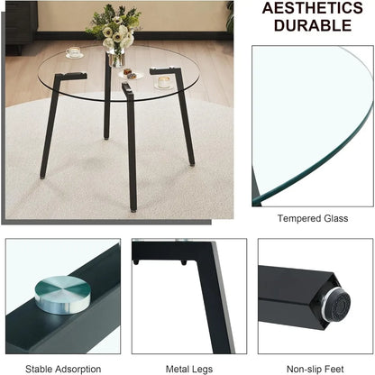 Modern Round Glass Dining Table Set for 4, 47'' Luxury Minimalist Circle Dinette Room Set, 5 PCS Clear Circular Glass Top