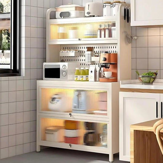 Bakers Rack with Storage & Wheels, Coffee Bar , Microwave Stand with Storage