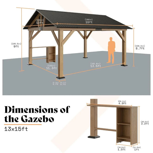 13x15 ft Spruce Wood Gazebo, with Bar Storage, Hardtop with Metal Steel Gable Roof