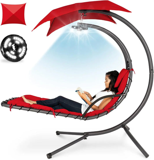 Hanging  Curved Chaise Lounge Chair Swing for Backyard, Patio 3 Light Settings,  Pillow,