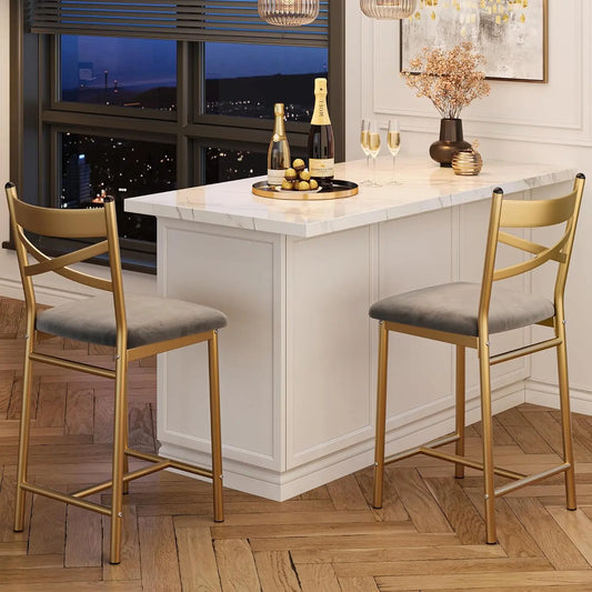 Gold Bar Stools with X-Shaped Backrest and Metal Footrest Set of 2