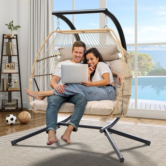 2 Person Hanging Egg Swing Chair with Stand Wicker Indoor Outdoor