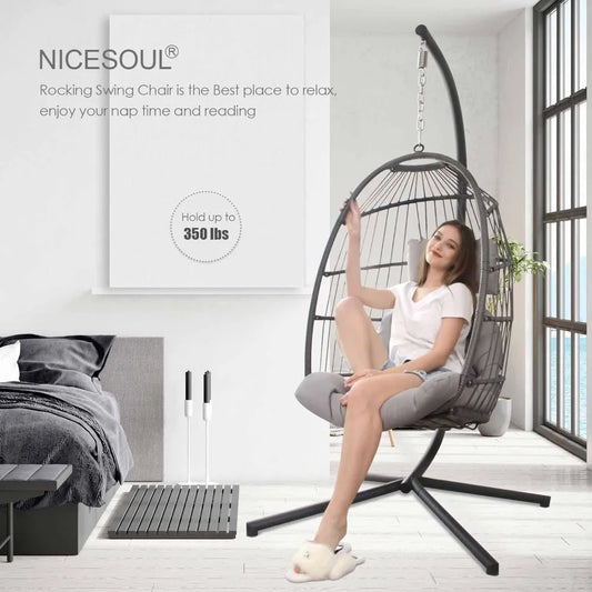 Swing Egg Chair Outdoor Indoor, with Stand, Hammock with Padded Cushions,
