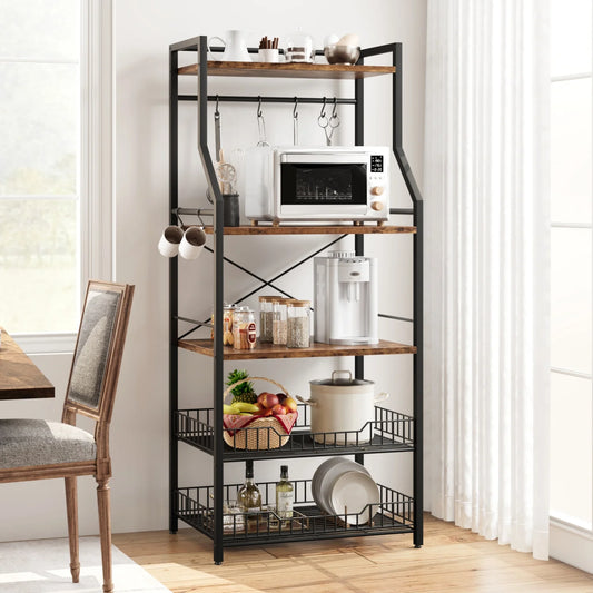 Bakers Rack Microwave Oven Stand with 2 Large Wire Basket Coffee Bar Station