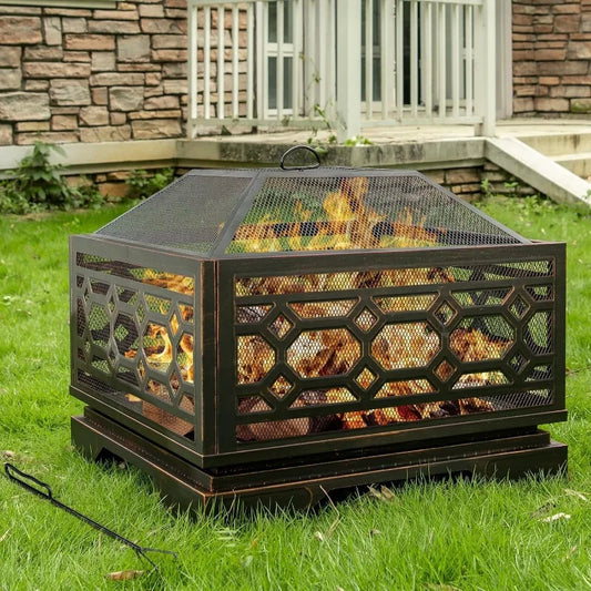 Outside With Mesh Cover & Fire Poker, Large Square Metal Fireplace
