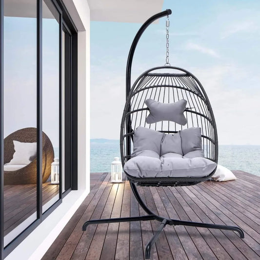 Swing Egg Chair Outdoor Indoor, with Stand, Hammock with Padded Cushions,