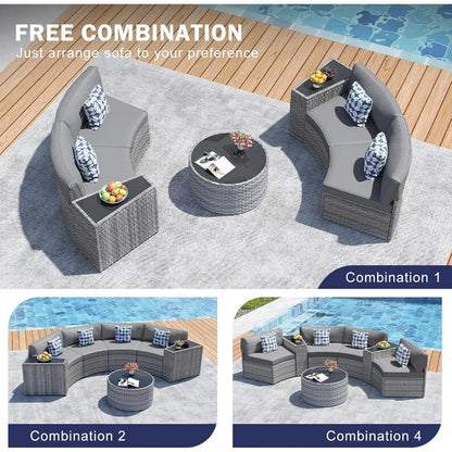 Half Moon Patio Furniture Set with Tables,7 Pieces Wicker, Grey Rattan