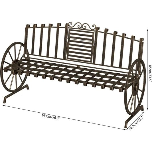 Outdoor Garden Bench w/ Built-in Table - Patio Bench with Wagon Wheel Arms