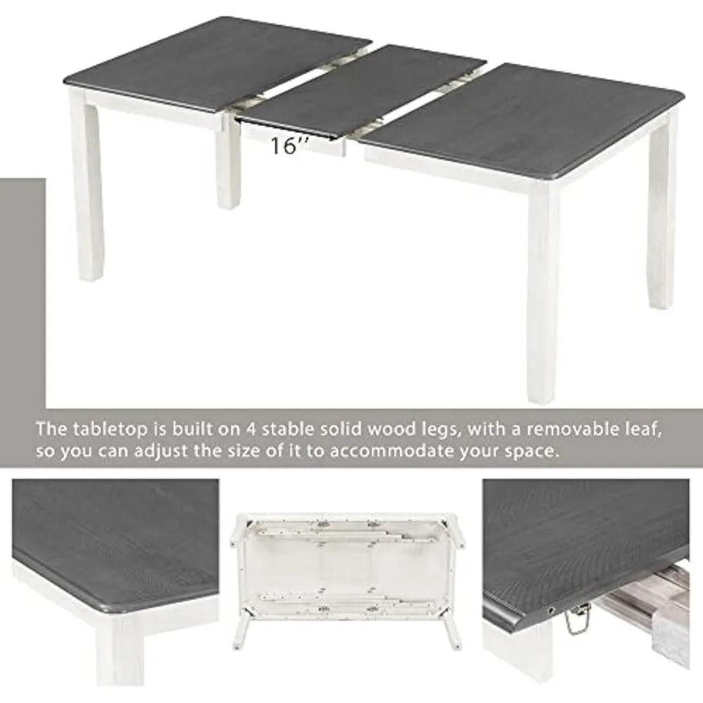 7-Piece Dining Table Set Wood Rectangular Extendable Dining Table and Six Upholstered Chairs