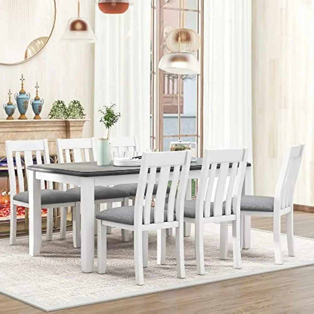 7-Piece Dining Table Set Wood Rectangular Extendable Dining Table and Six Upholstered Chairs