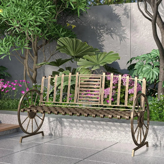 Outdoor Garden Bench w/ Built-in Table - Patio Bench with Wagon Wheel Arms