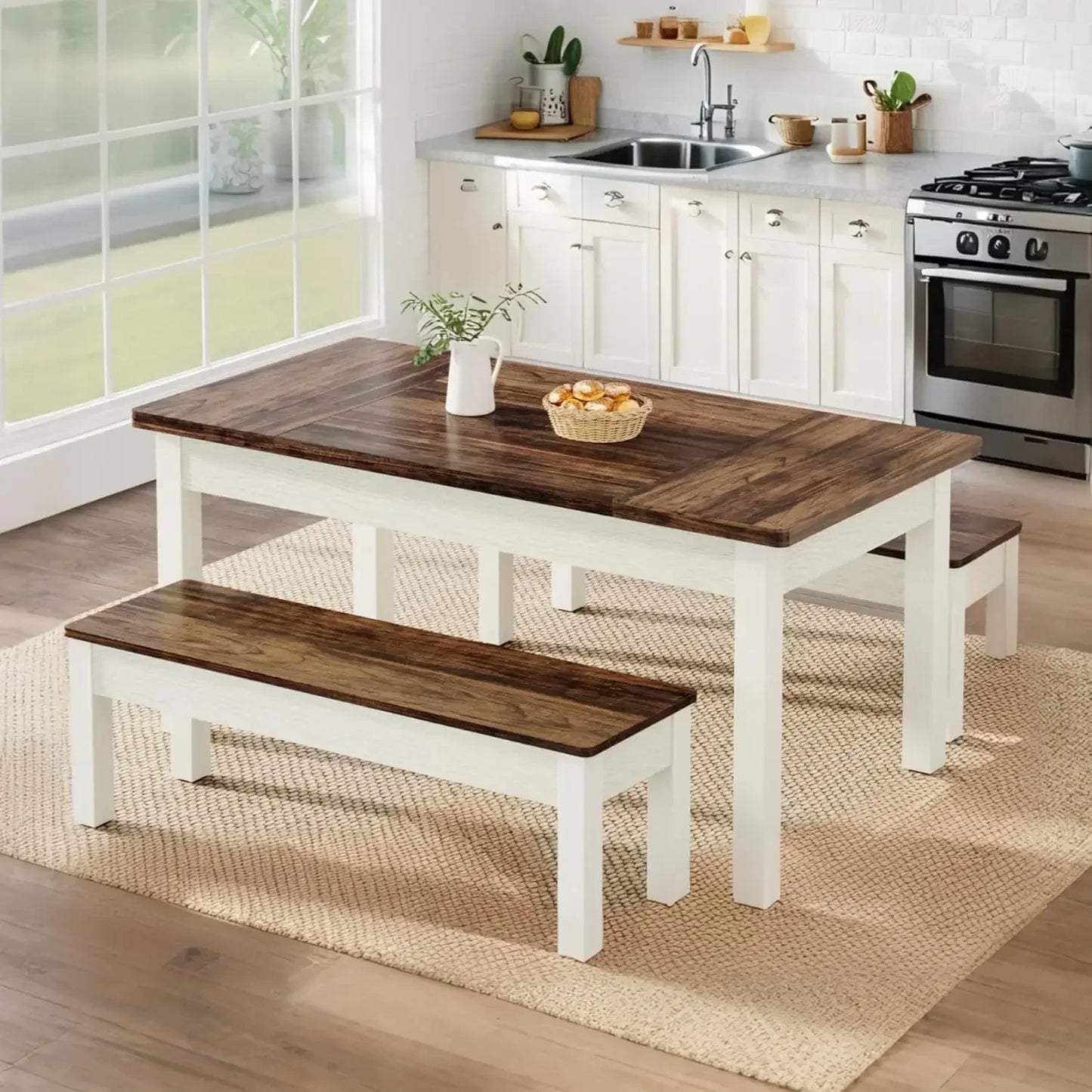 Farmhouse Kitchen Table Set for 4-6, 55-Inch Wooden Dining Table with 2 Benches