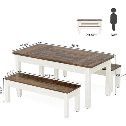 Farmhouse Kitchen Table Set for 4-6, 55-Inch Wooden Dining Table with 2 Benches