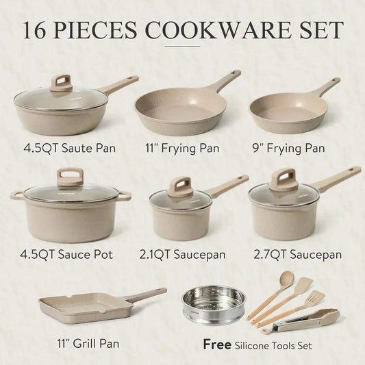 Pots and Pans Set Non Stick, 16Pcs Kitchen Cookware Set