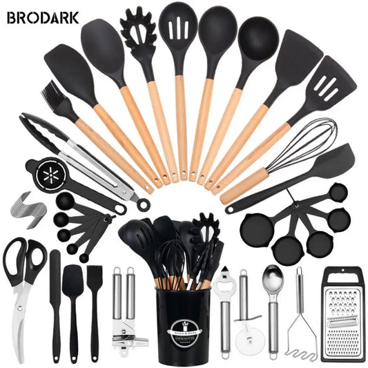 44pcs  Silicone Kitchen Utensil Set With Wooden Handles And Knife