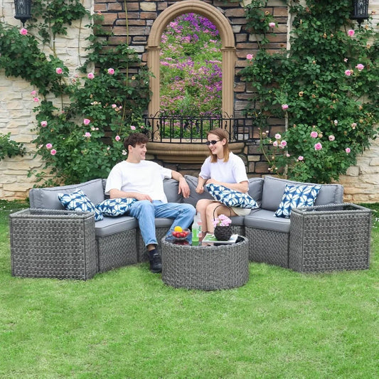 Half Moon Patio Furniture Set with Tables,7 Pieces Wicker, Grey Rattan