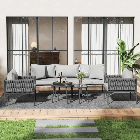 Patio Furniture Set, Outdoor Furniture 5-Seat Sofa with Two Round